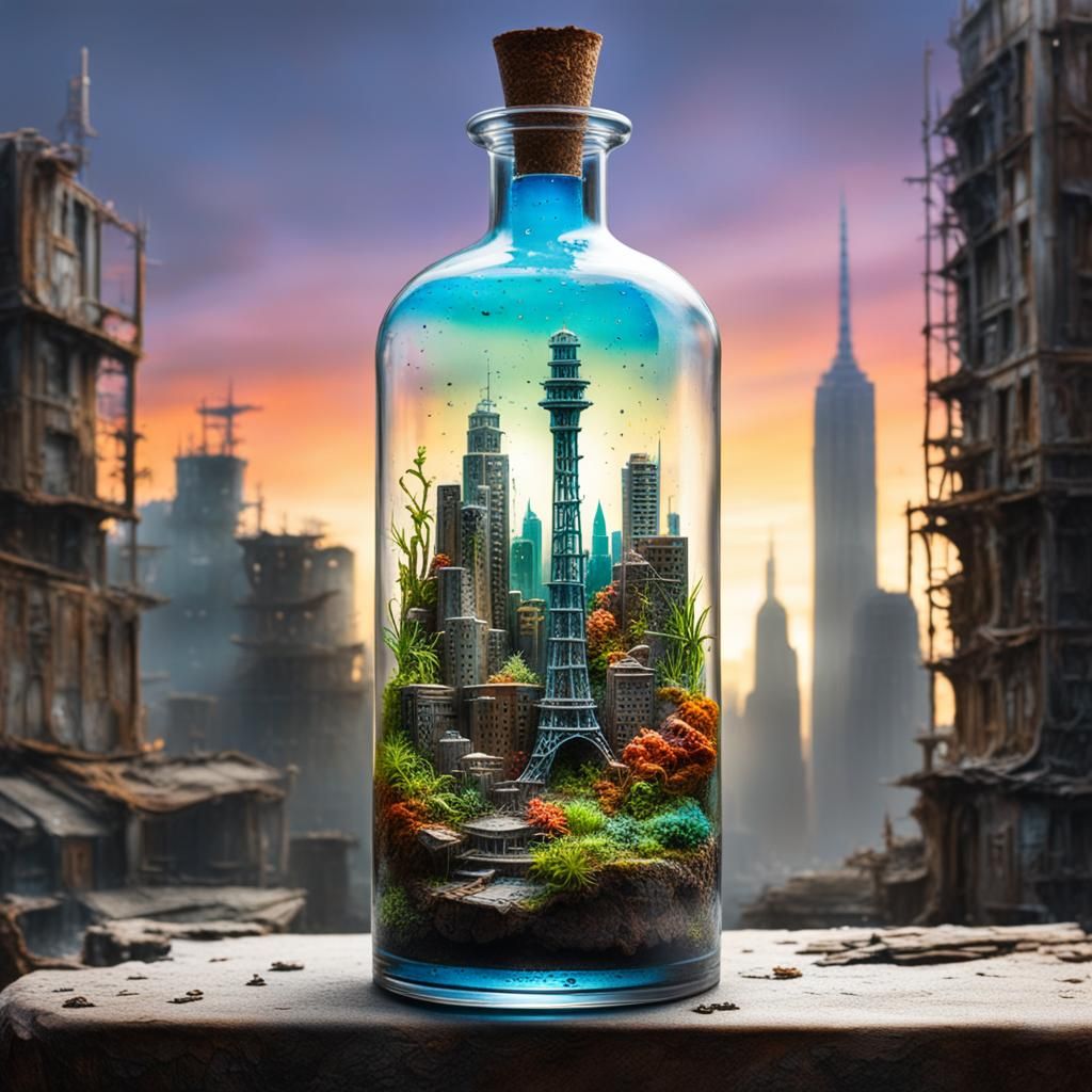 Miniature City Terrarium in Glass Bottle, Digital Art