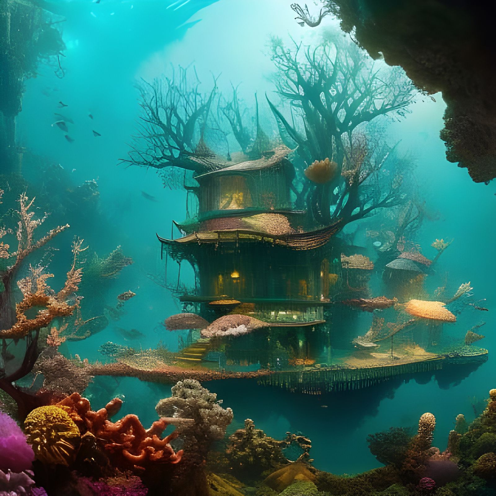 Underwater Treehouse in Crystalline Coral Reef