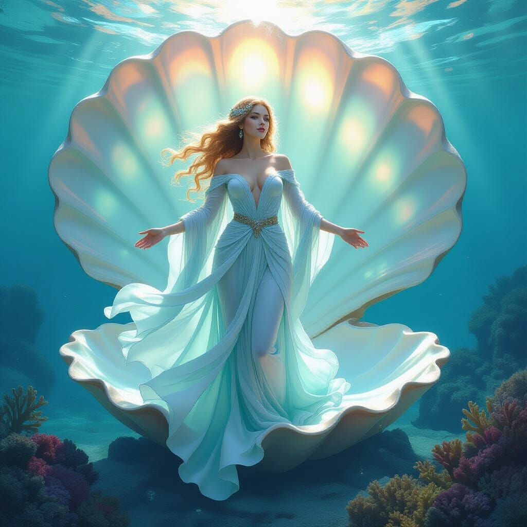 Goddess Emerges from Seashell in Art Nouveau Style