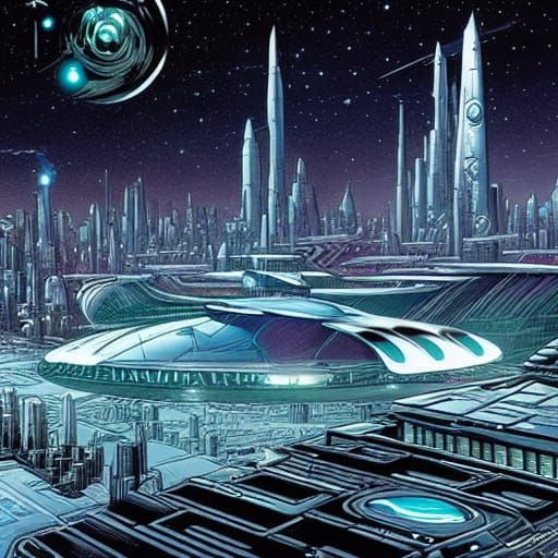 Futuristic Space City Comic Book Art