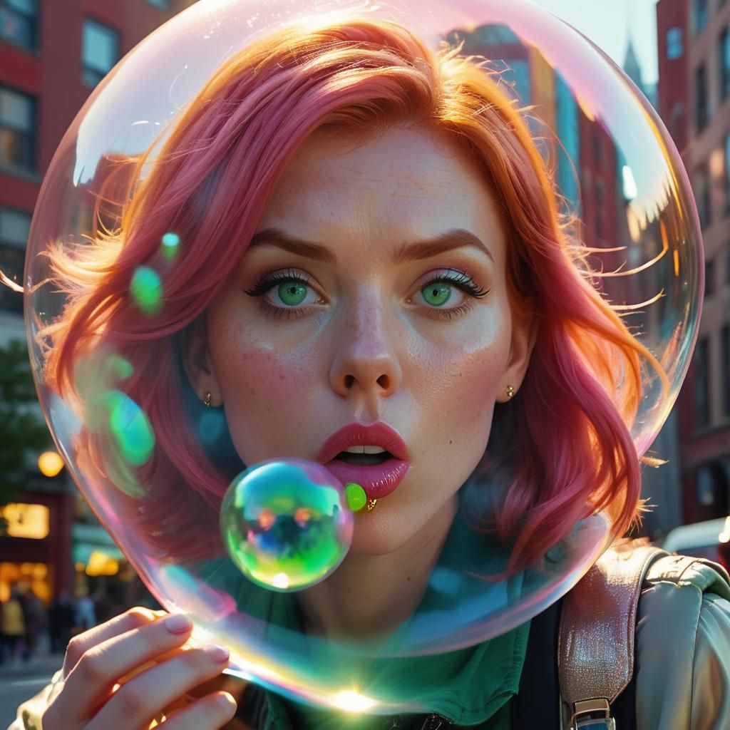 A young woman with long, fiery red hair, her bright green ey...