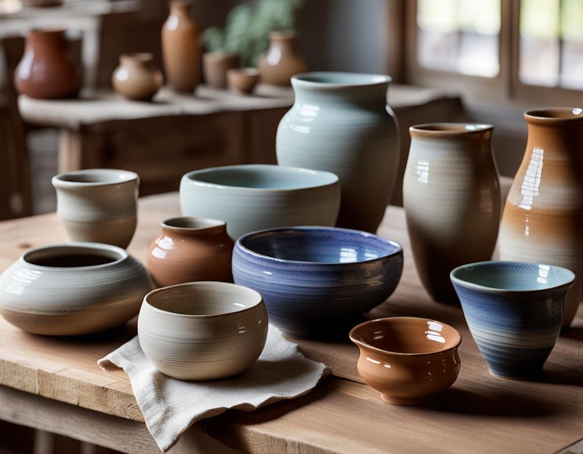 Handmade Pottery on Rustic Wooden Table