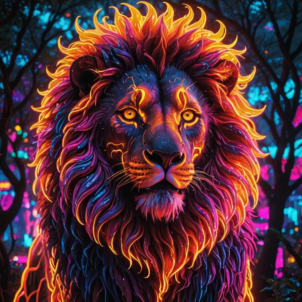 Neon Lion in Bioluminescent Jungle