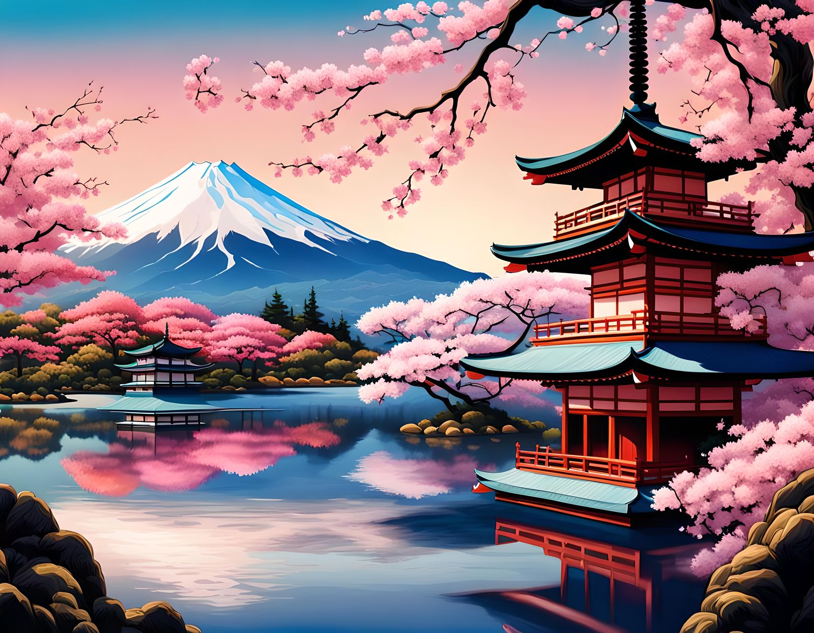 Japanese Lake with Sakura and Mount Fuji