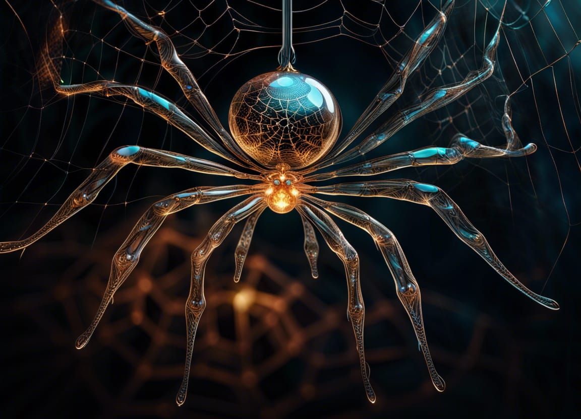 Glass Spider Hanging from Glowing Webs in HDR