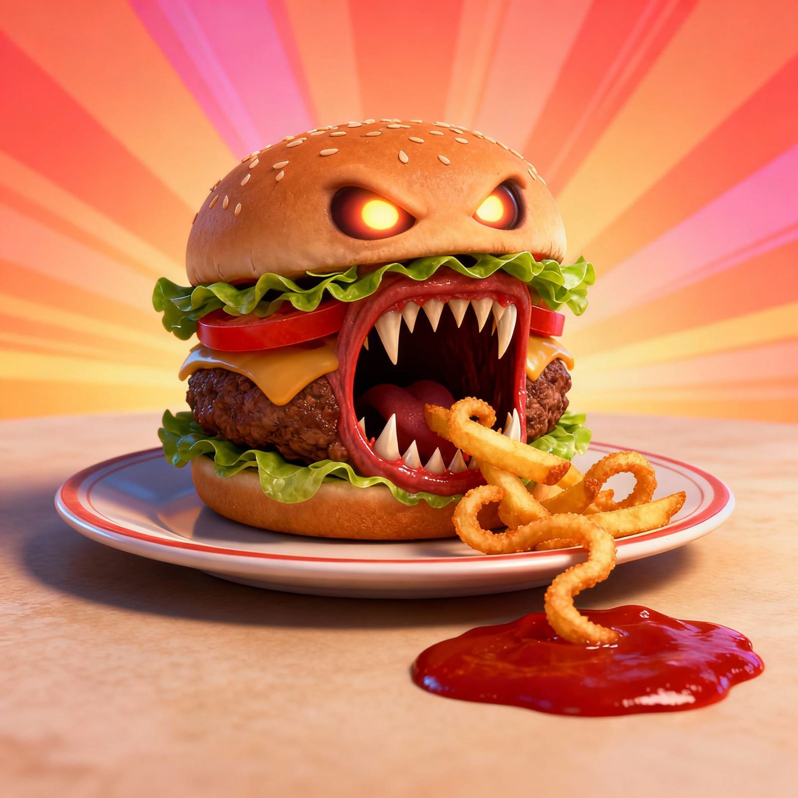 Fanged Mimic Hamburger with Curly Fries, Digital Art