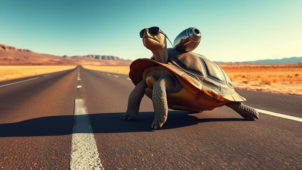 Vintage Racing Car Emerge from Turtle's Shadow on Desert Hig...