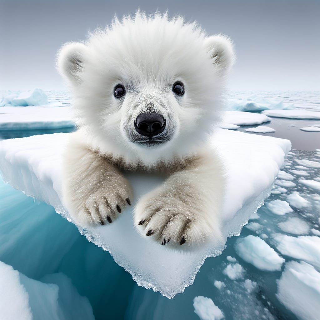 Fluffy Polar Bear Cub on Iceberg