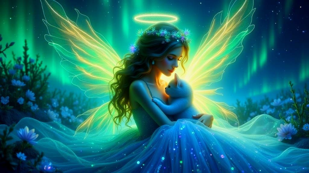 Aurora Angel with Iridescent Wings and Halo Cuddles a Fairy....