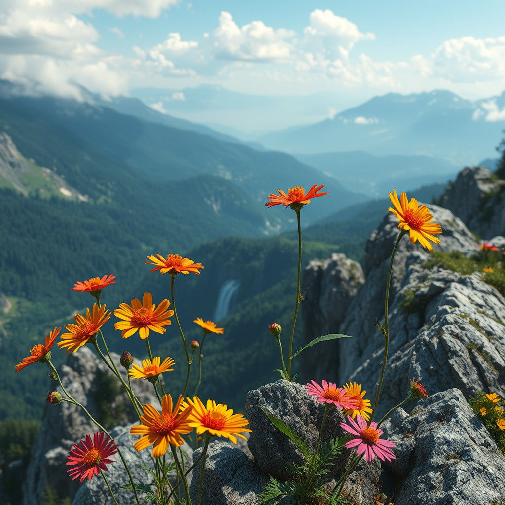 Summer Flowers Bloom on Misty Mountain Peaks