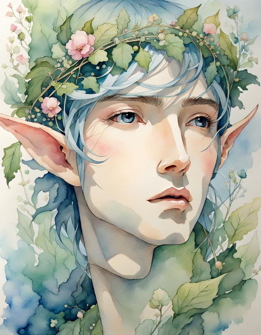 Wistful Elf Portrait in Watercolor Style