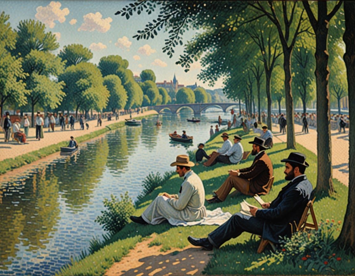 Young Men Relax Along Seine Riverbank in Idyllic 19th-Centur...