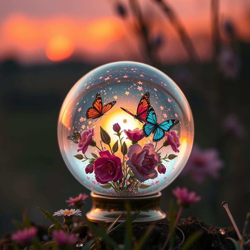 Glamorous Butterfly Snowglobe with Sunset Background
