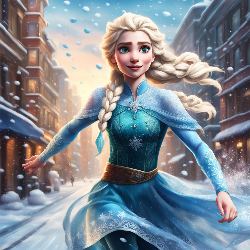 Hyperrealistic Snow Queen Elsa Runs in Street
