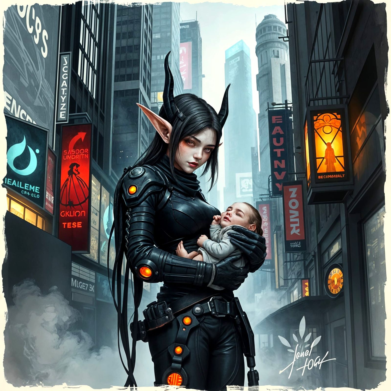 Cyberpunk Mother Cradles Child in Distressed Charcoal Sketch