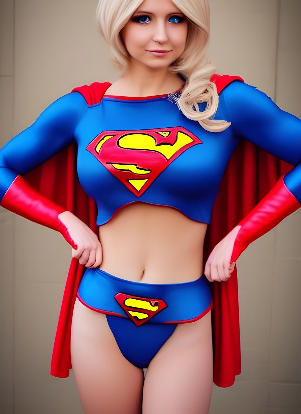 big breasted blonde glamor model Danni Ashe wearing Supergirl cosplay microkini