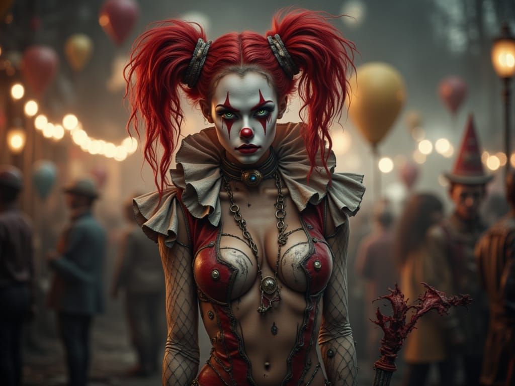 Seductive Evil Clown in Twilight Carnival Dreamscape