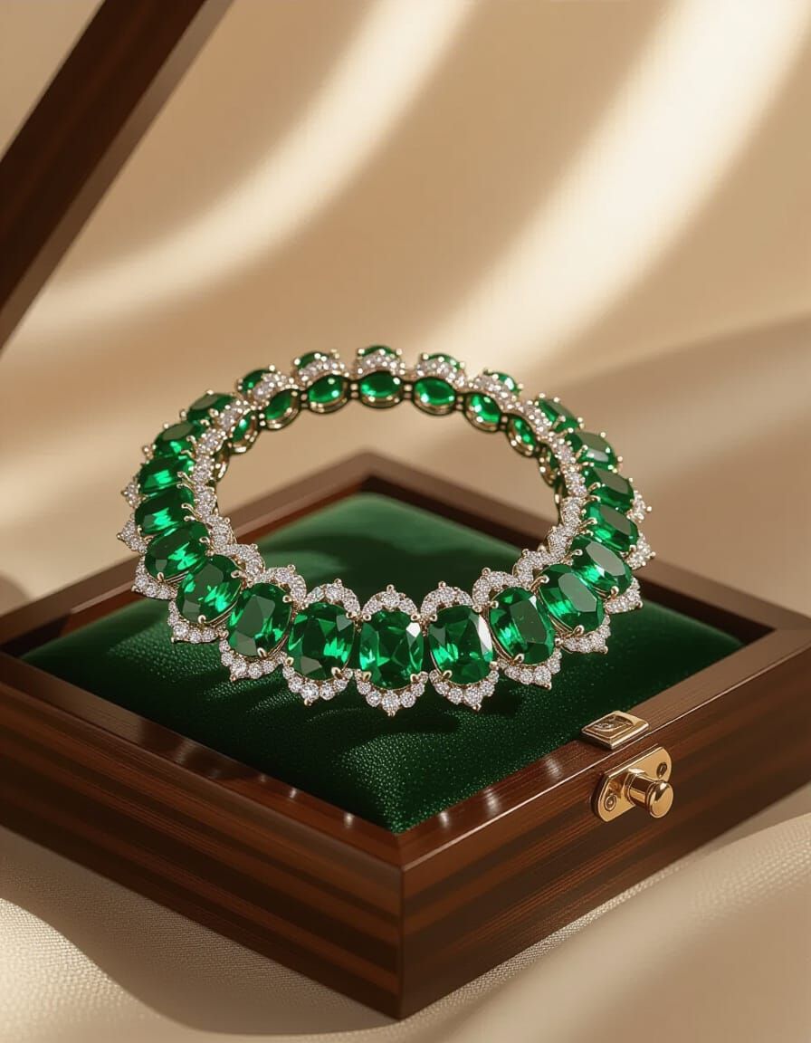 Regal Lady Wearing Emerald and Diamond Necklace