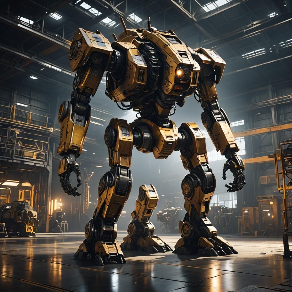 Mech in Industrial Hangar: Sci-Fi Concept Art