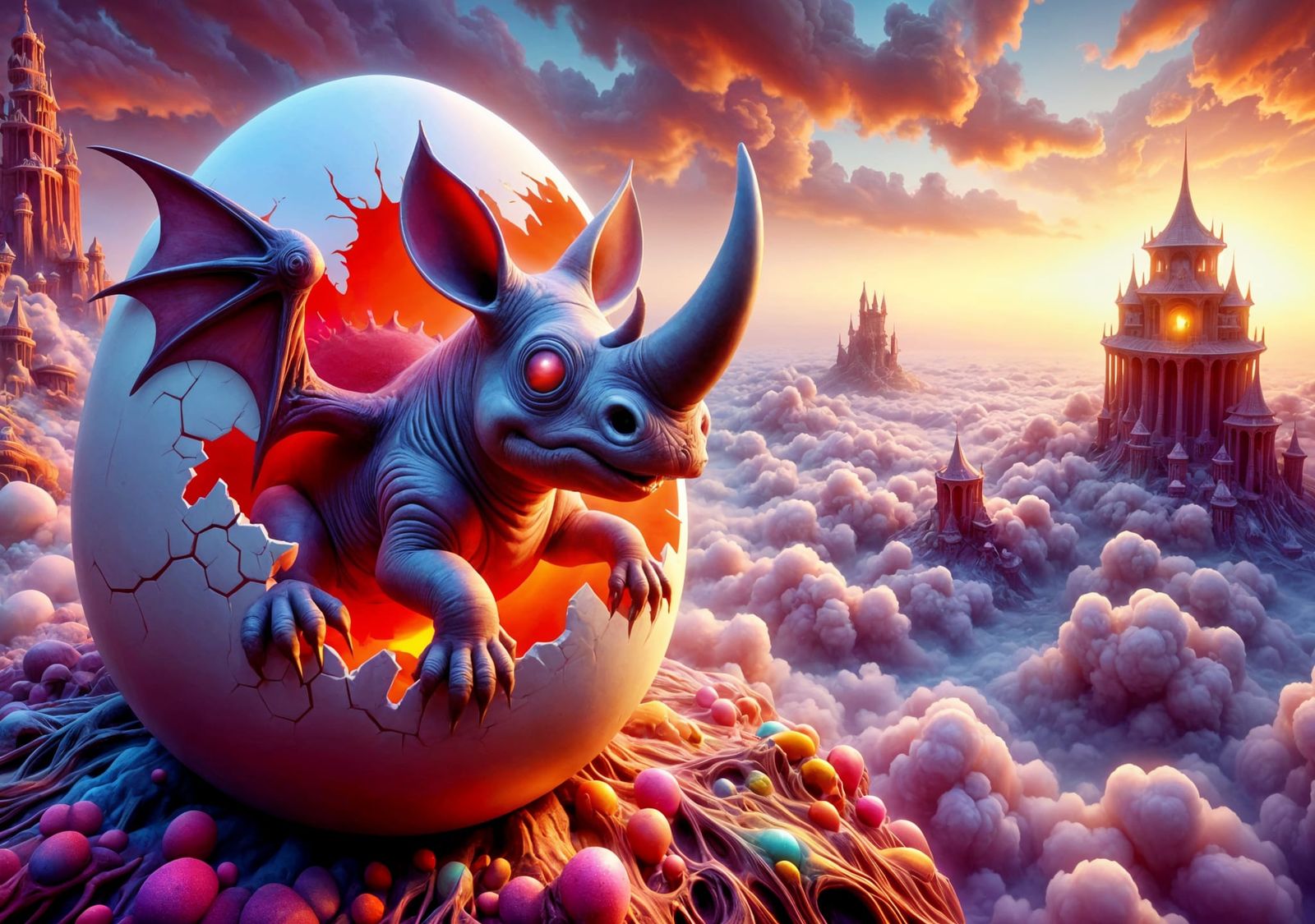 Surreal Hatchling Rhino Dragon in Fantasy Sky