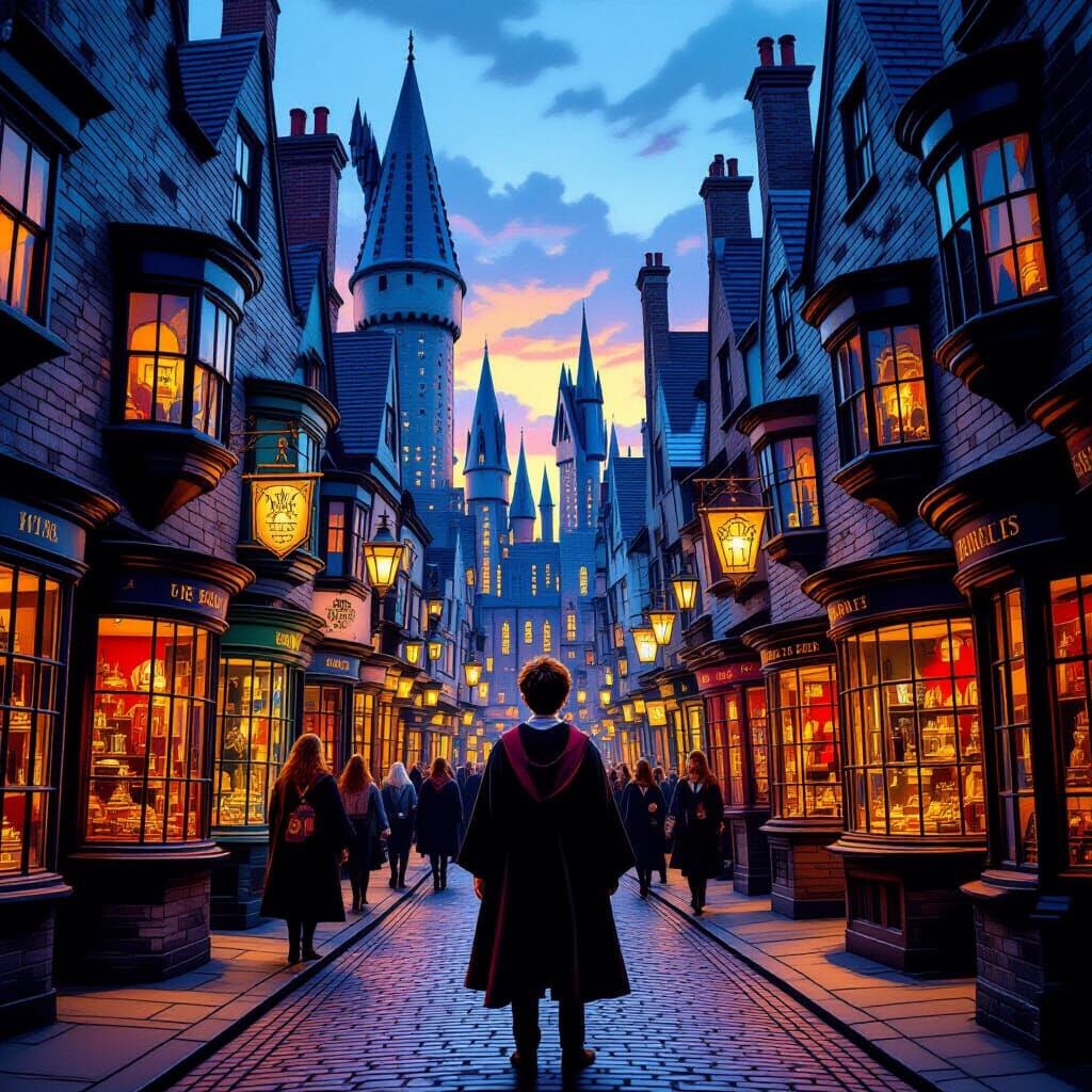 Harry Potter in Diagon Alley at Dusk