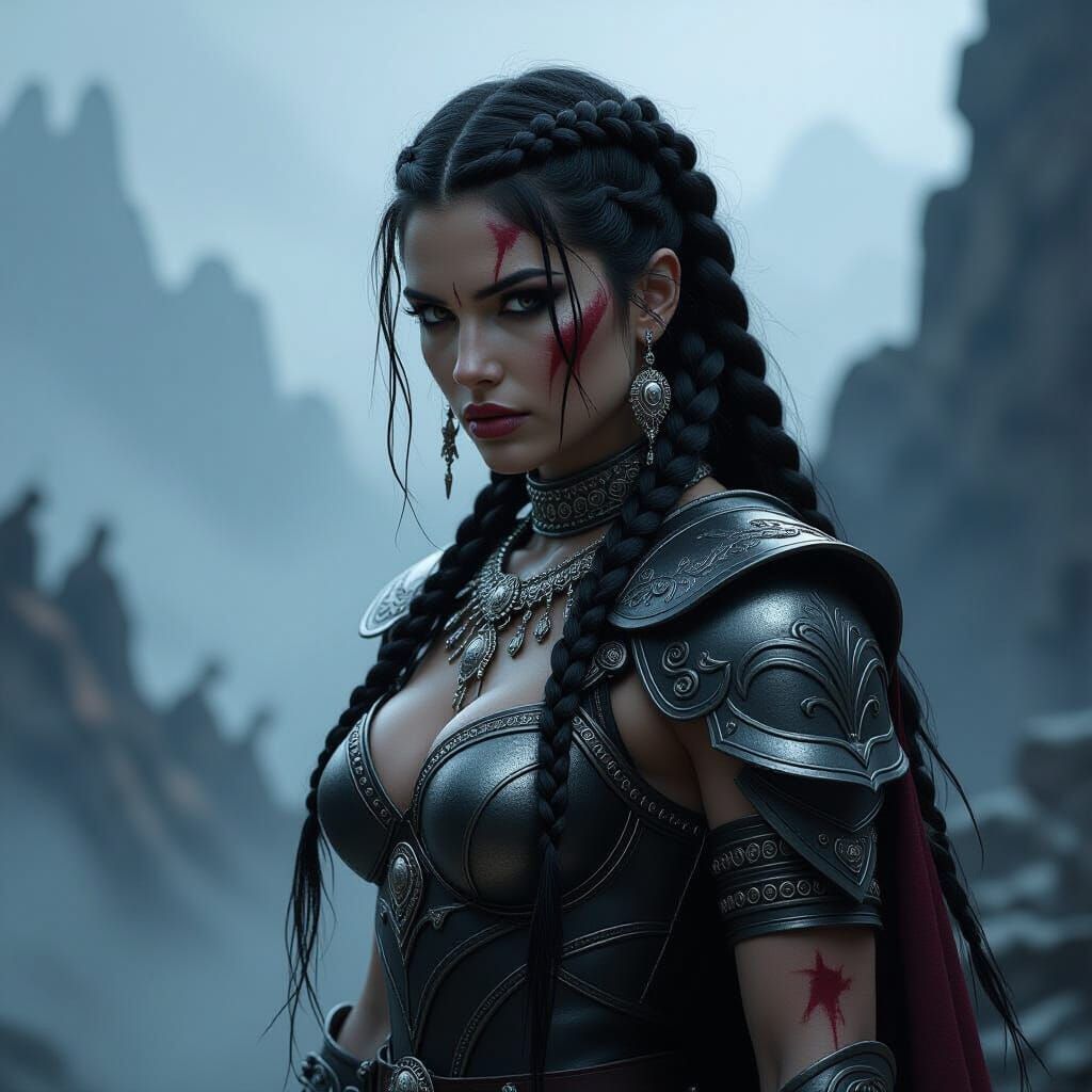 Warrior Queen on Battlefield in Dark Fantasy Style