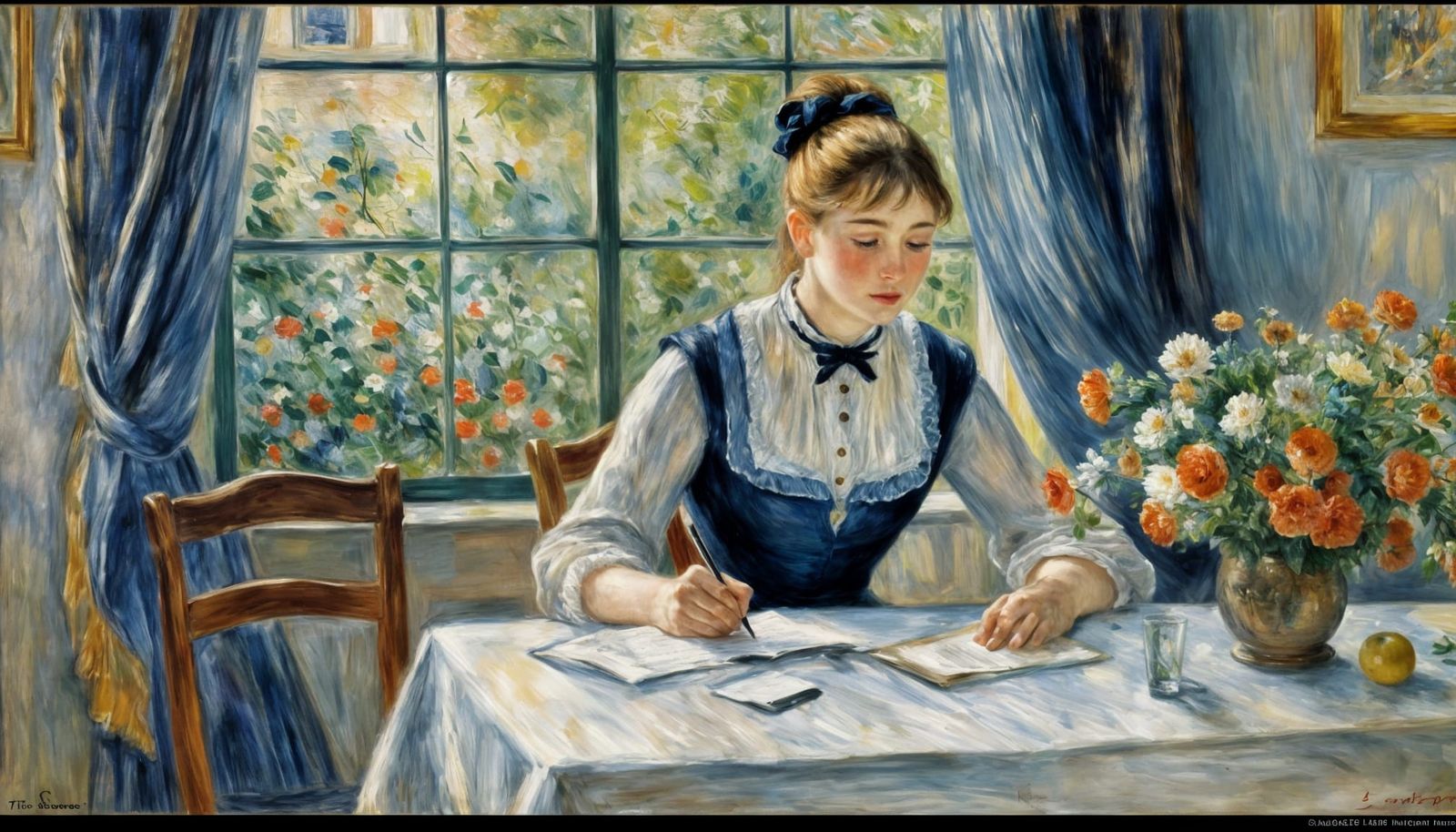 Woman Writing Letter: Impressionist Oil Painting