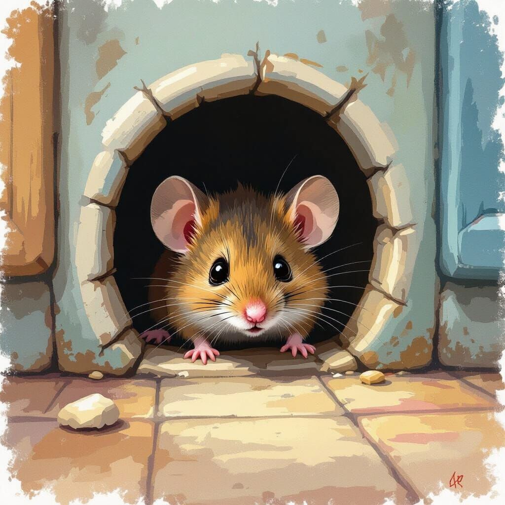 Timid Mouse Peeks Out, Airbrush and Acrylic