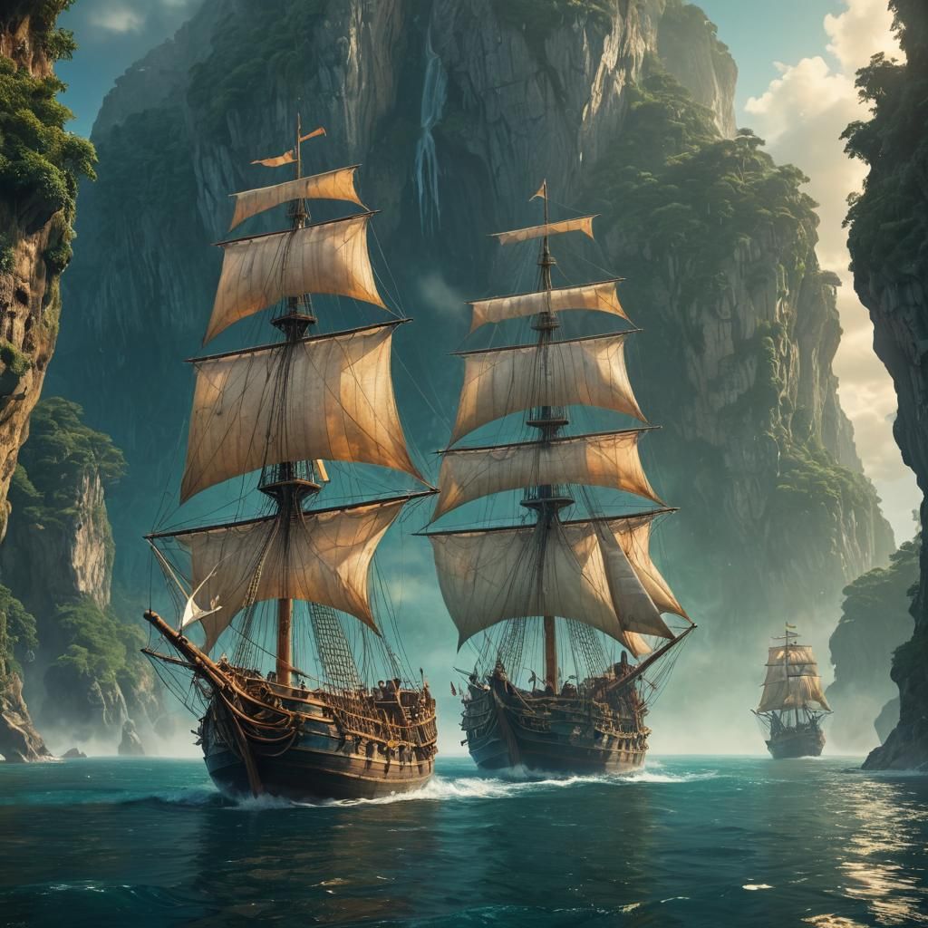 Mystical Archipelago: Ancient Sailing Ships in Golden Light