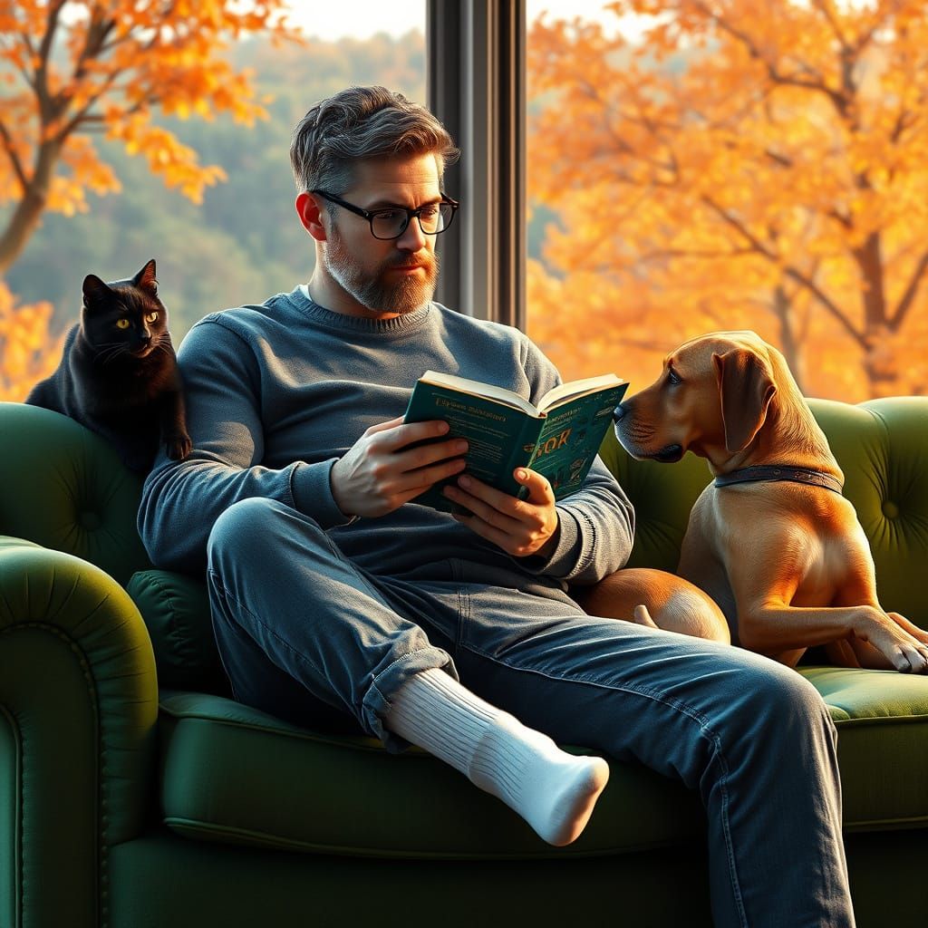 Man Reading on Velvet Sofa with Cat and Dog in Autumn