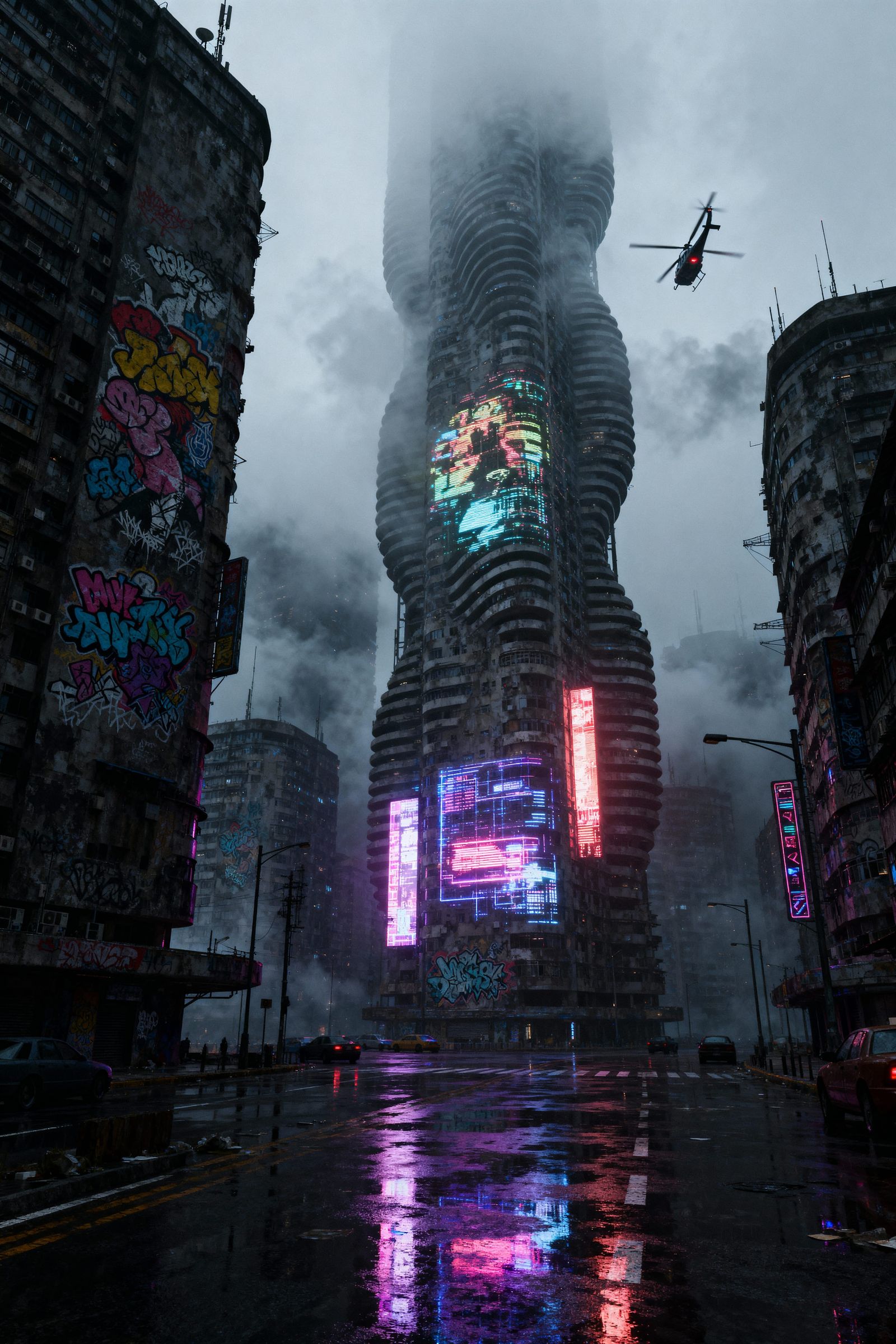 helicopter flying above rain-slicked streets..