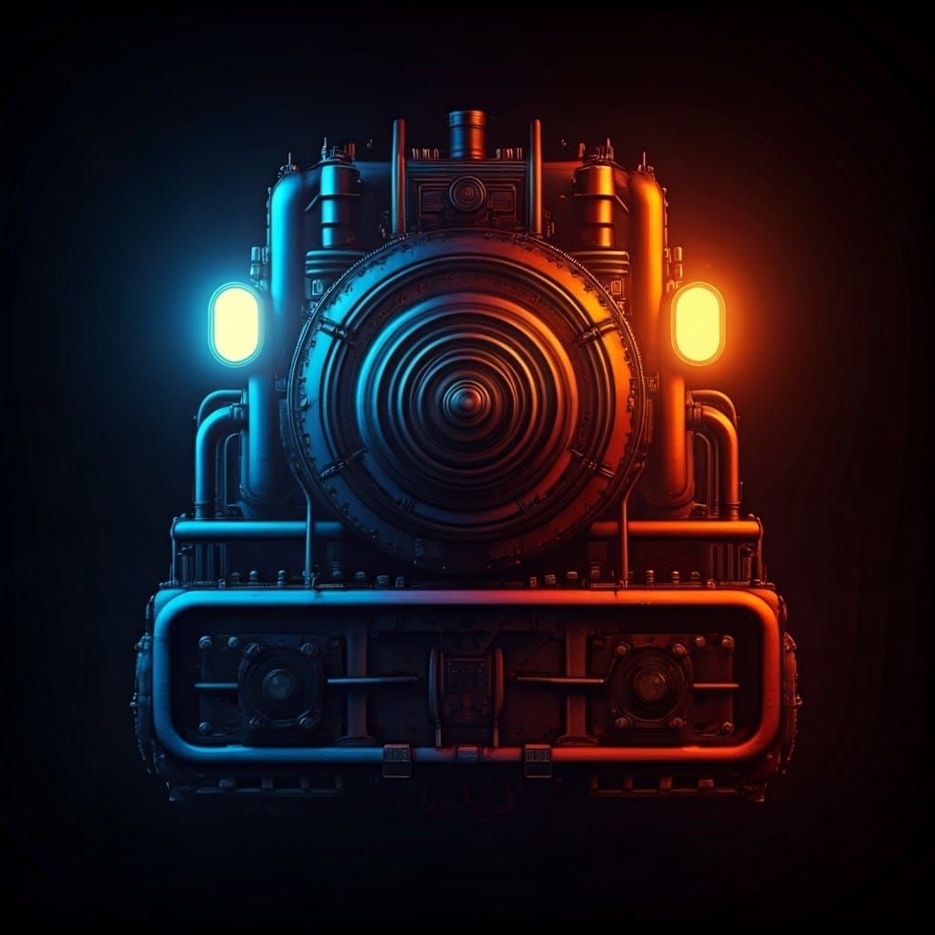 Retro-Futuristic Steampunk Engine in Synthwave Neon