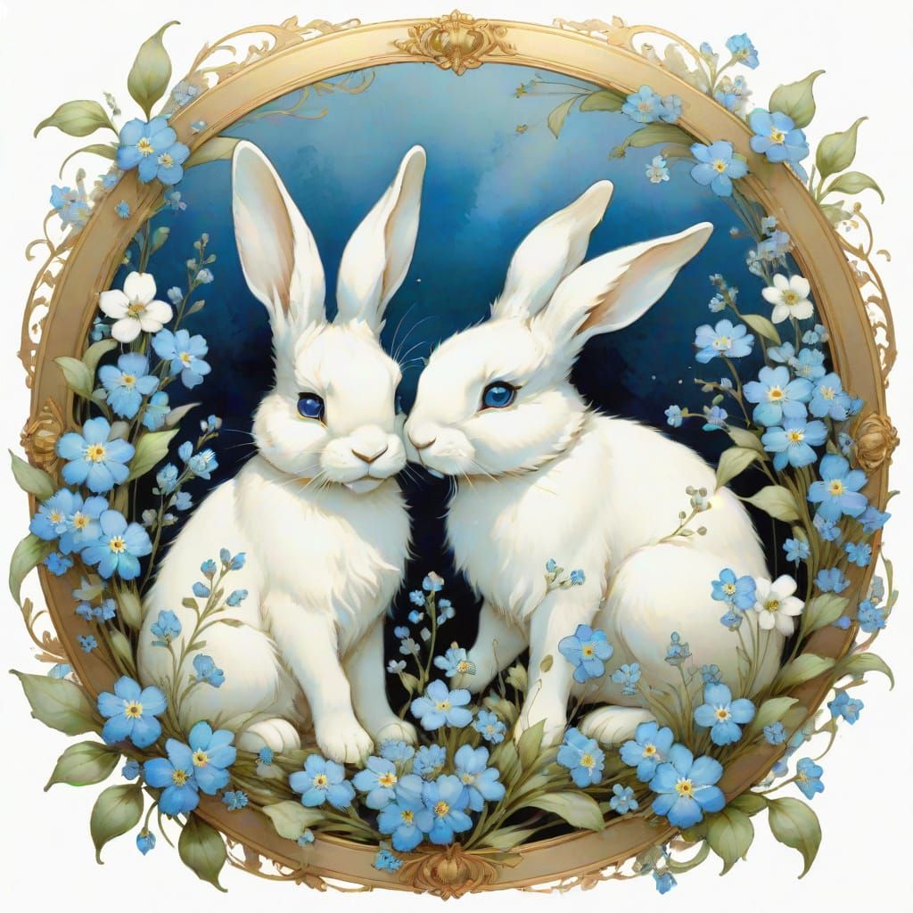 Bunnies in Blue Flowers: Alphonse Mucha Style