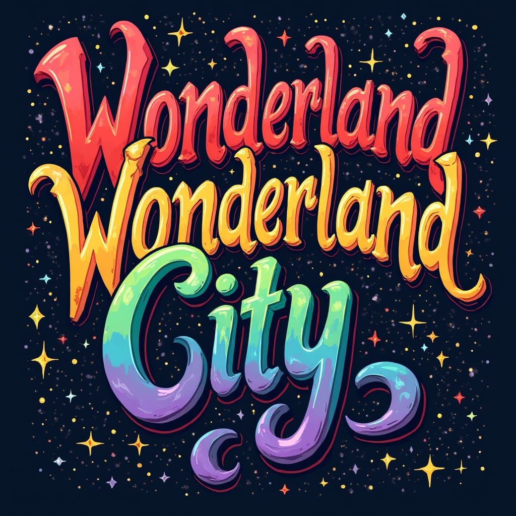 Wonderland City in Rainbow Text, Psychedelic Art