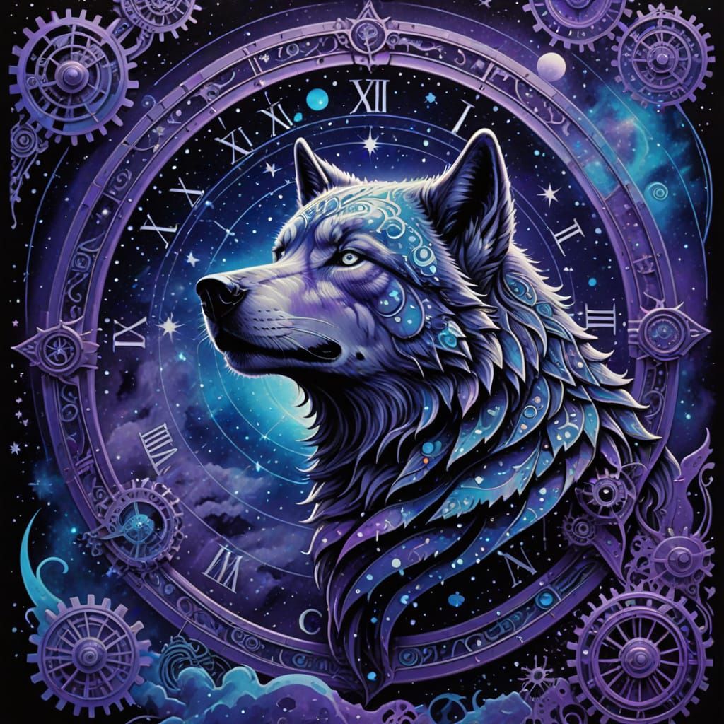 Lone Wolf Howls at Clockwork Constellations in Surreal Deser...