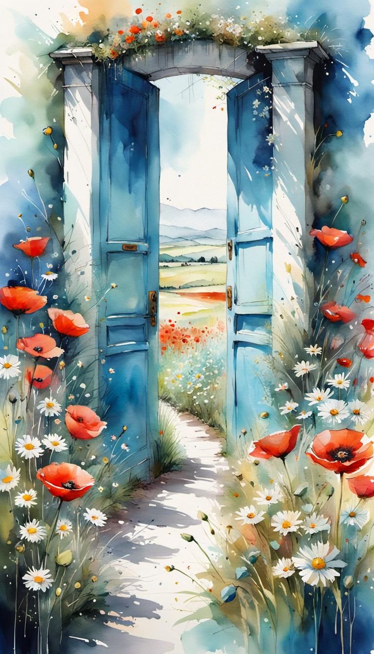 Pastel Watercolor Path to a Blue Door
