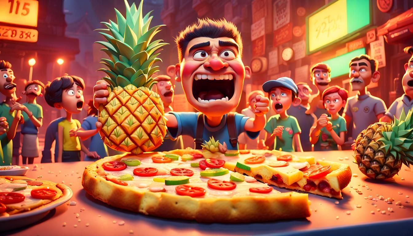 Man Eats Pineapple Pizza: Pixar-Style 3D Digital Art