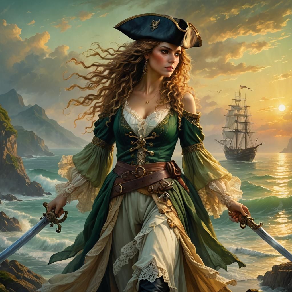 Pirate with Captive Woman: Ethereal Oil Painting