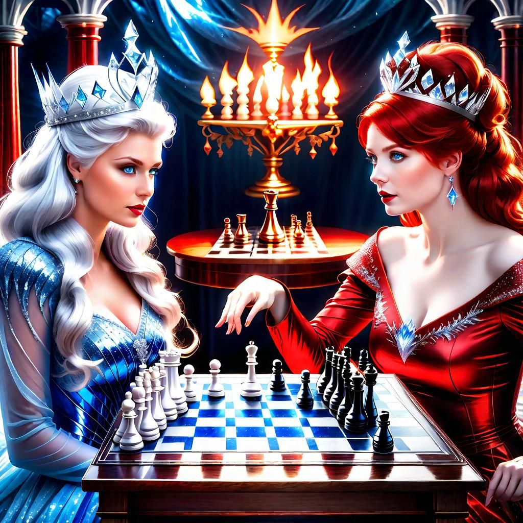 Ice Queen playing chess against Fire Queen