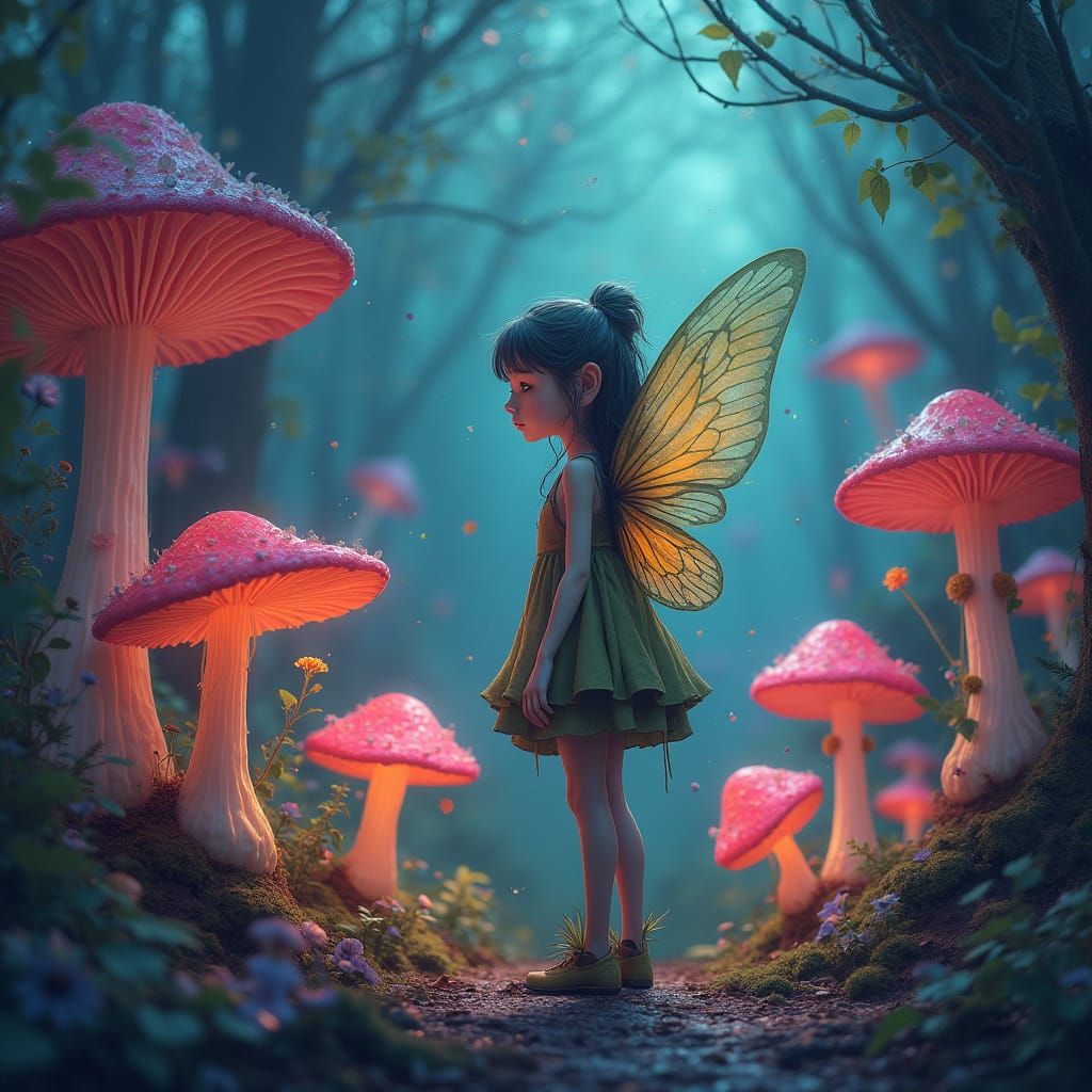 Ethereal Fairy Among Vibrant Glowing Mushrooms