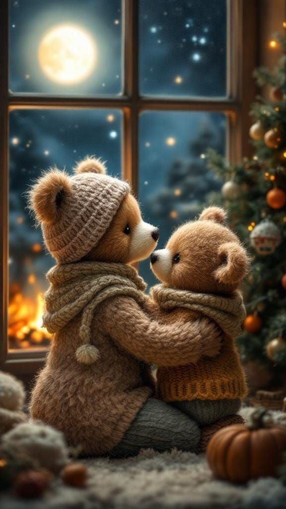 Felted Bears Embrace Under Starry Night Sky