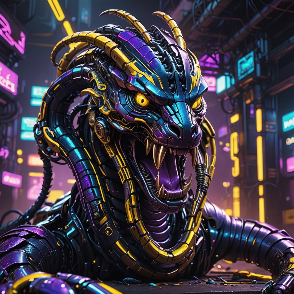 Cyberpunk Cobra: Biomechanical Illustration with Neon Accent...