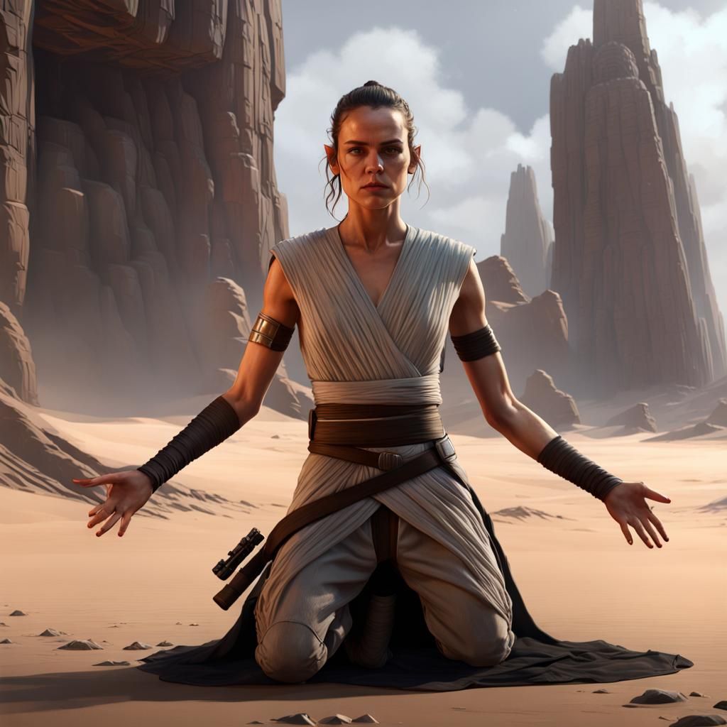 Rey Kneeling: Dark Fantasy Concept Art
