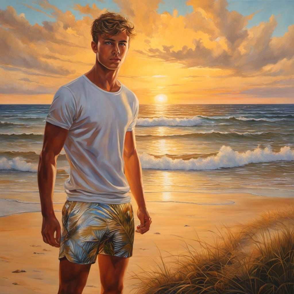 Hyperrealistic Beach Portrait at Golden Sunset