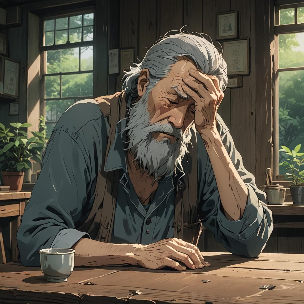 Sad Old Man Weeping in Anime Style
