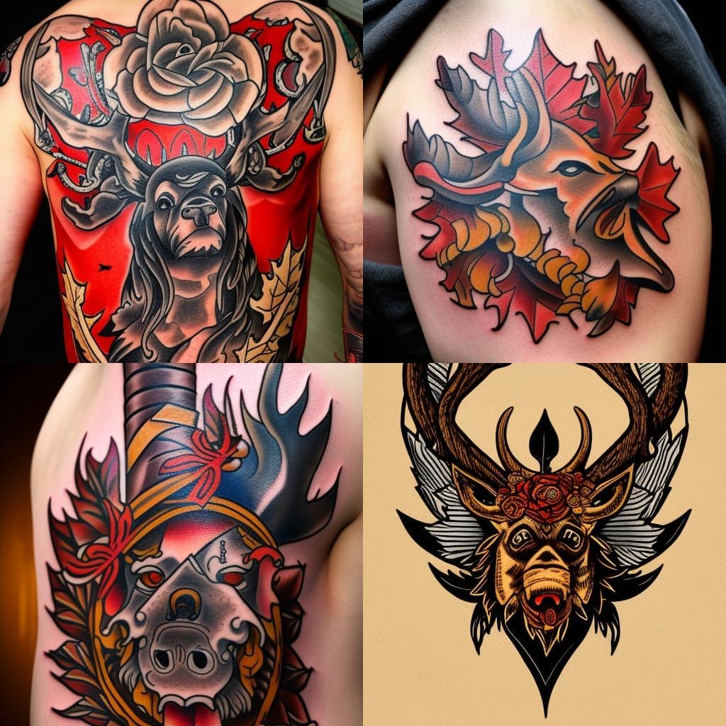 Moose and Maple Leaf Tattoo in Flash Art Style