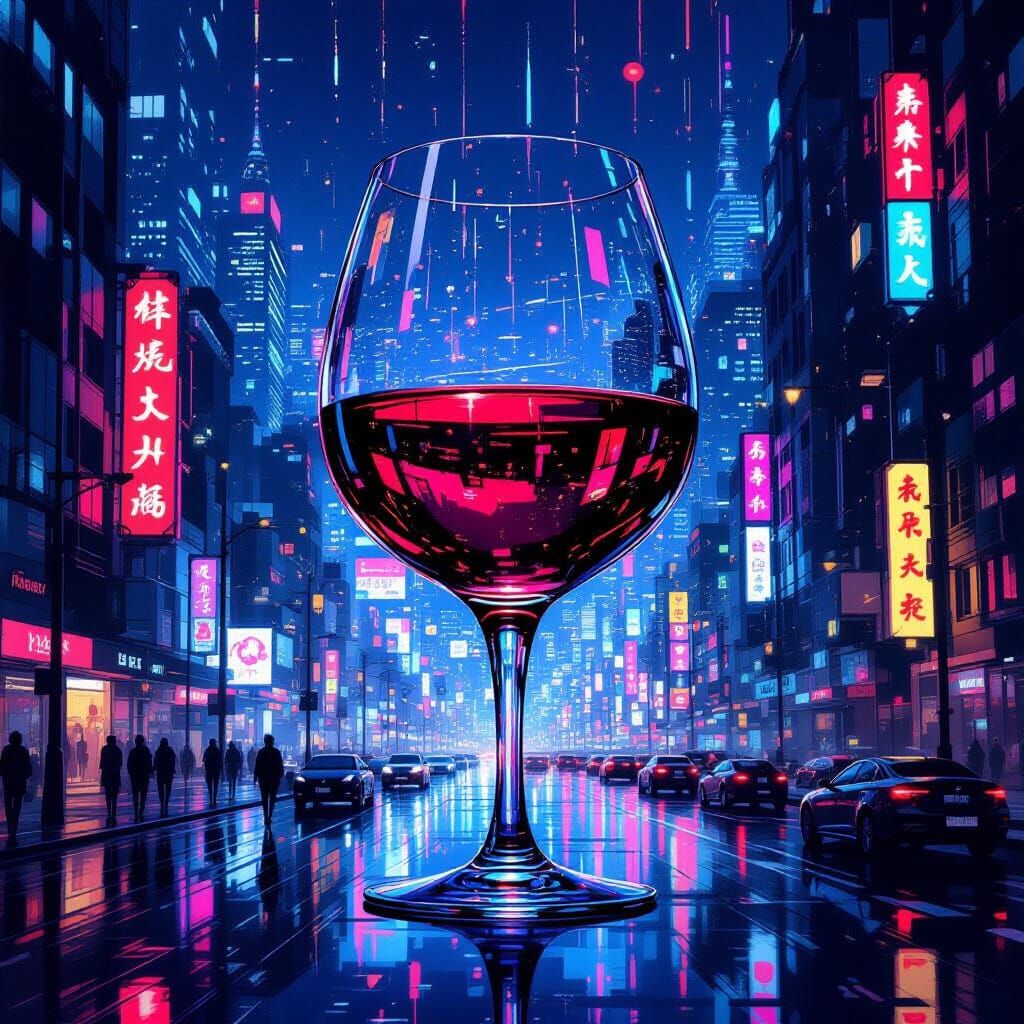 Giant Wine Glass in Cyberpunk Cityscape