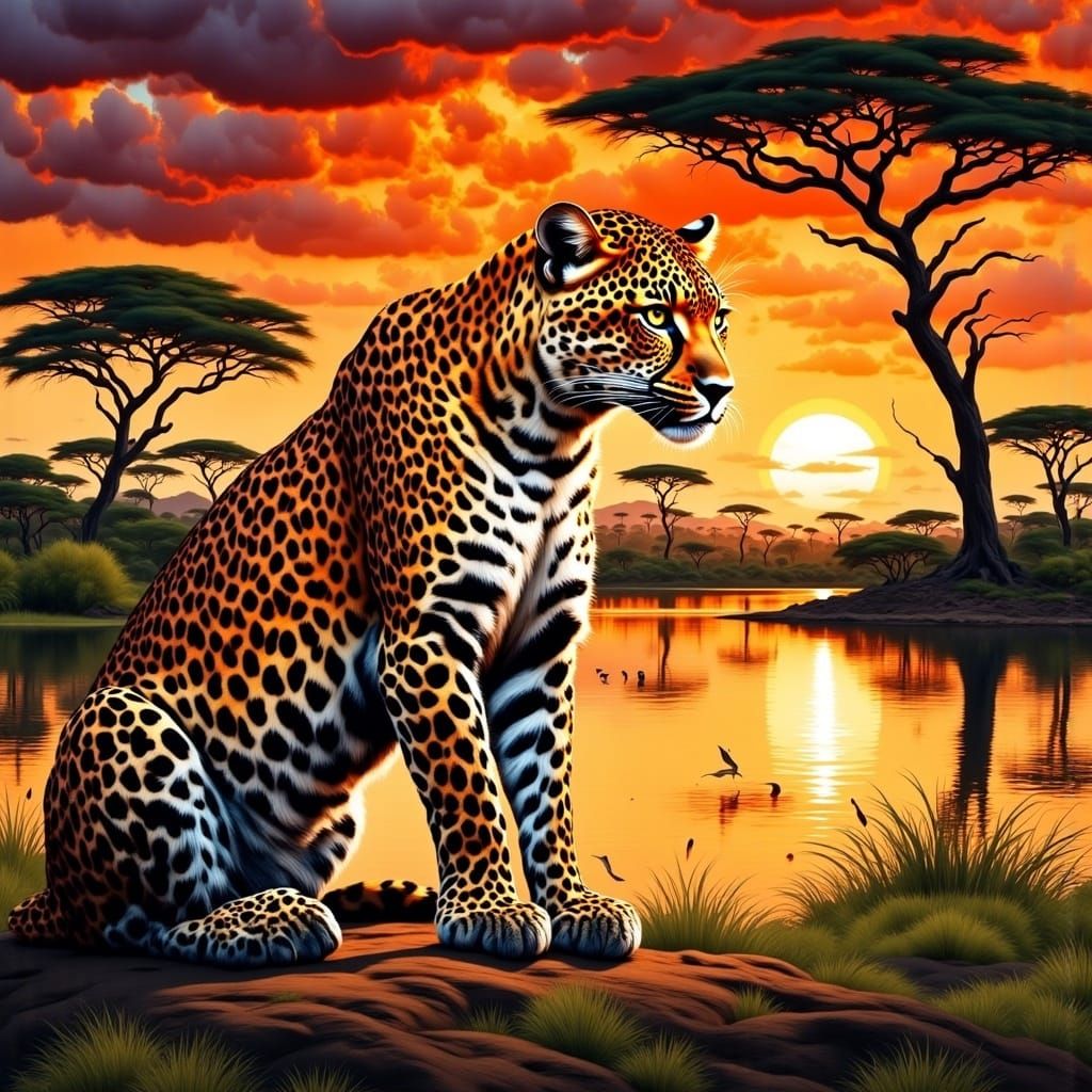 Majestic Leopard Basks in Sunset Glow on African Lake Shore