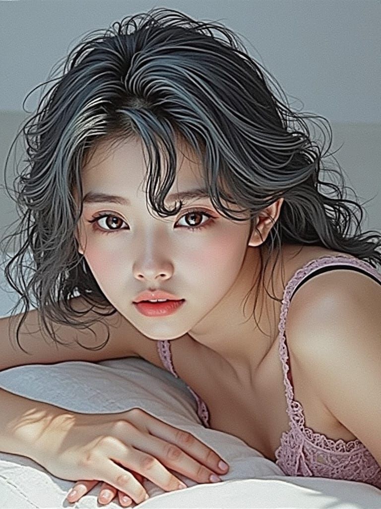 Korean Beauty in Soft Pink Lingerie with Silky White Hair