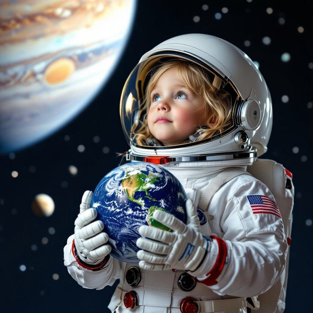 as metoerites race against a background of enourmous planets in a stark black starlit sky a small blonde girl is wearing...